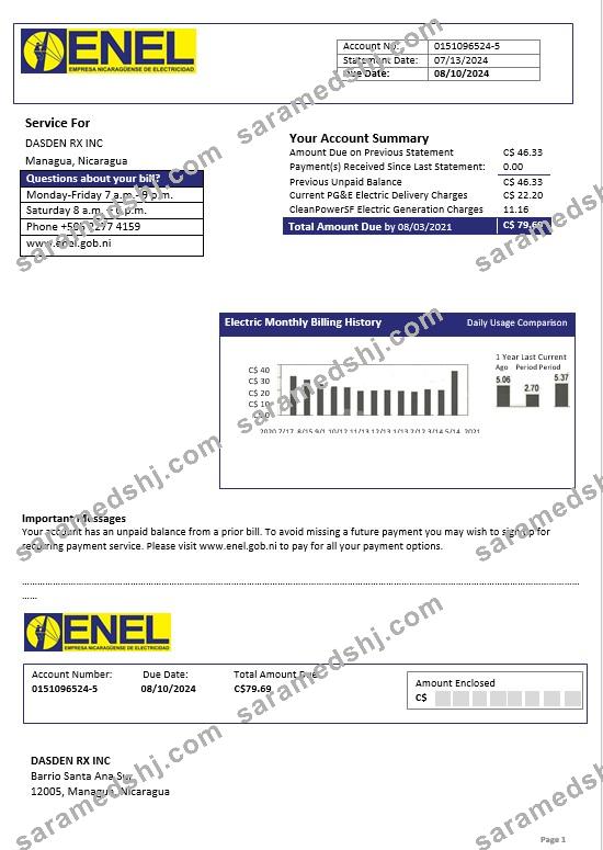 Nicaragua Nicaraguan Electricity Company ENEL electricity business utility bill template in Word and PDF formats